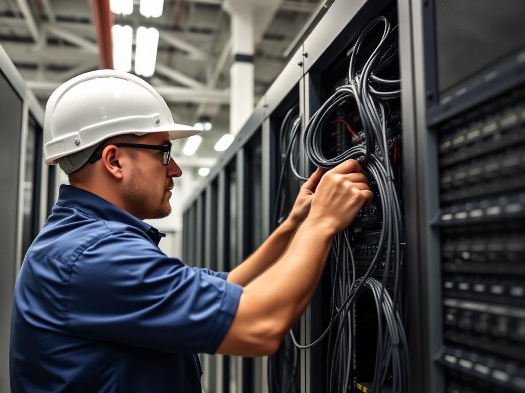 Security Linc technician terminating low voltage cabling in a server rack